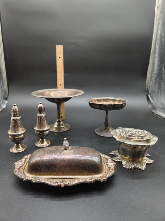 Silver-Tone Butter Dish, Compotes, Shakers, and Trinket Box