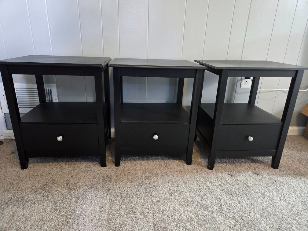 Three Black Single-Drawer Nightstands with Shelf