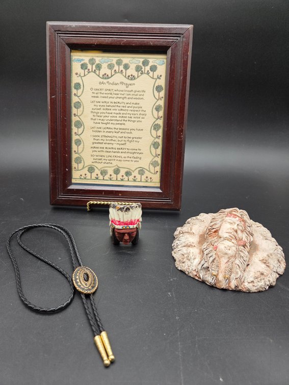 Framed Prayer Print, Bolo Tie, Figurine, and Wall Plaque