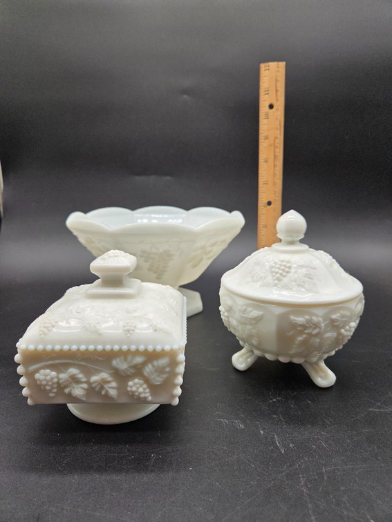 White Milk Glass Grape Motif Compote and Covered Dishes