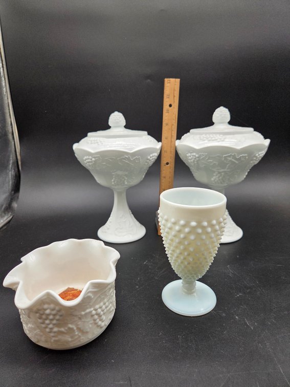 White Milk Glass Compotes, Hobnail Goblet, and Bowl