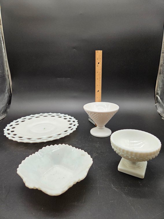 White Milk Glass Compote, Plate, Cup, and Bowls