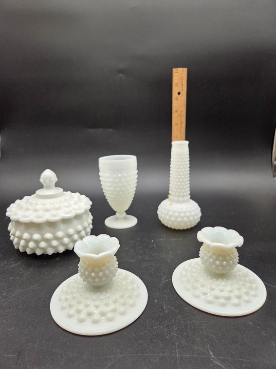 White Hobnail Milk Glass Dish, Goblet, Vase, and Candle Holders