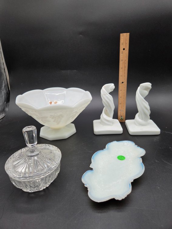 Milk Glass Compote, Candlesticks, Tray, and Covered Dish