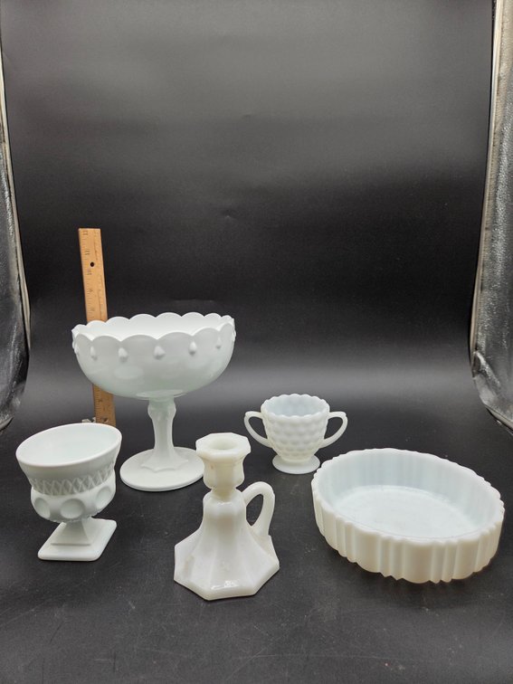White Milk Glass Compote, Chamberstick, and Tableware