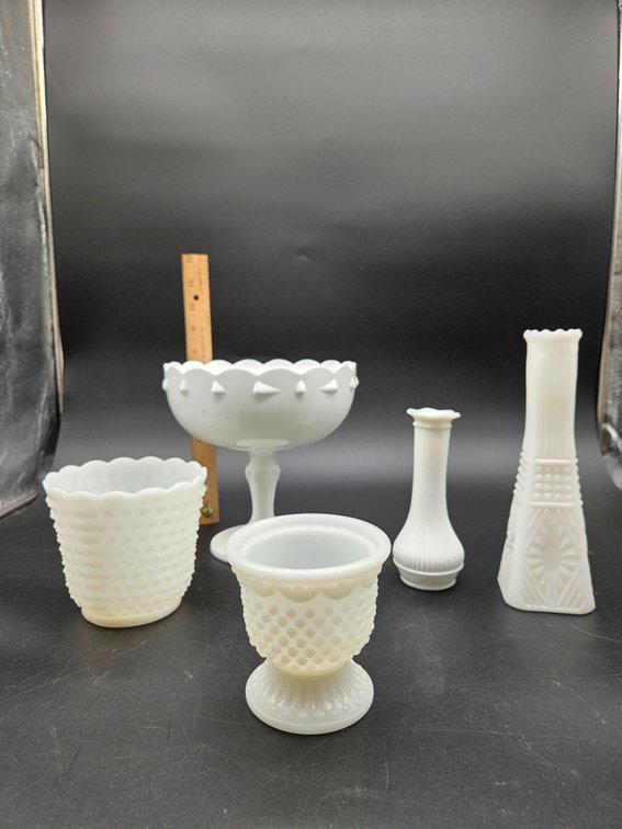 White Milk Glass Compote, Vases, and Hobnail Vessels