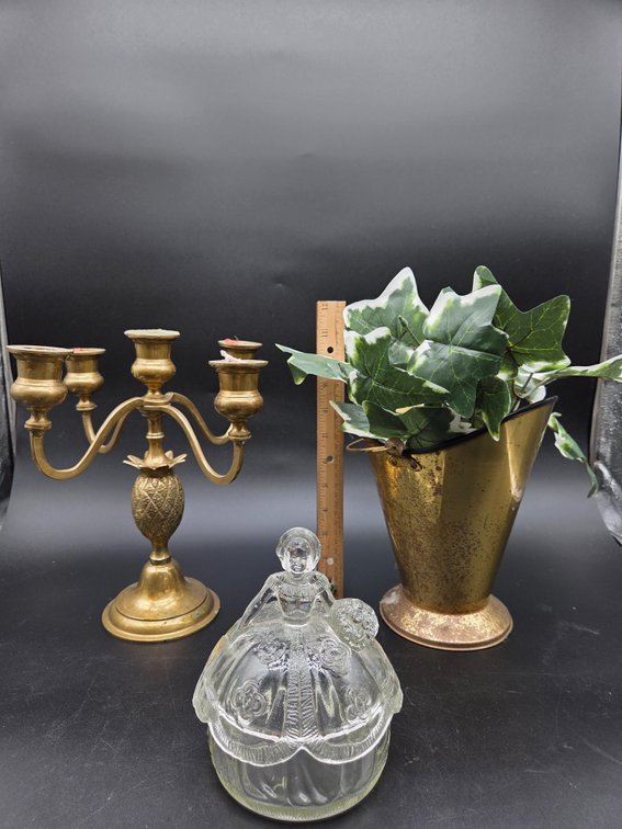 Brass 5-Light Candelabra, Glass Powder Jar, and Planter