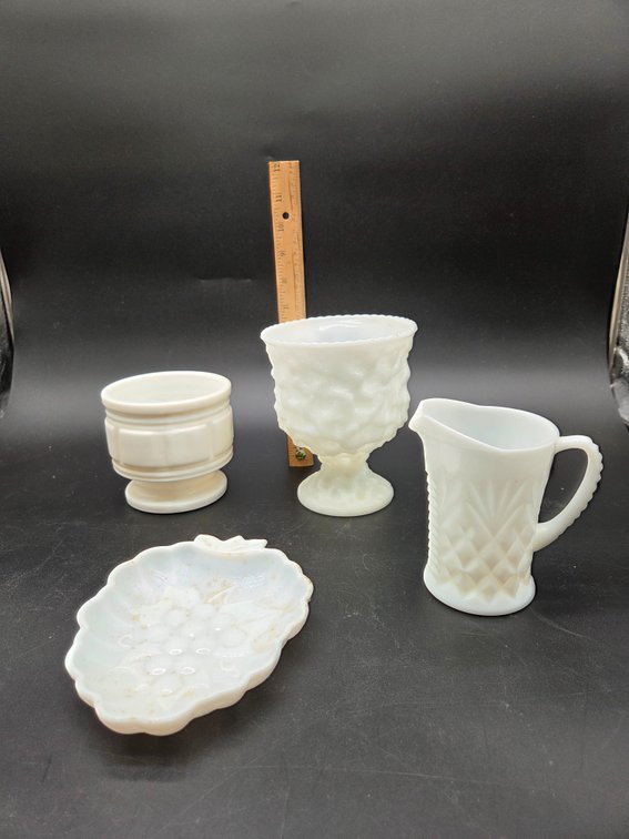 White Milk Glass Goblet, Creamer, Cup, and Grape Dish