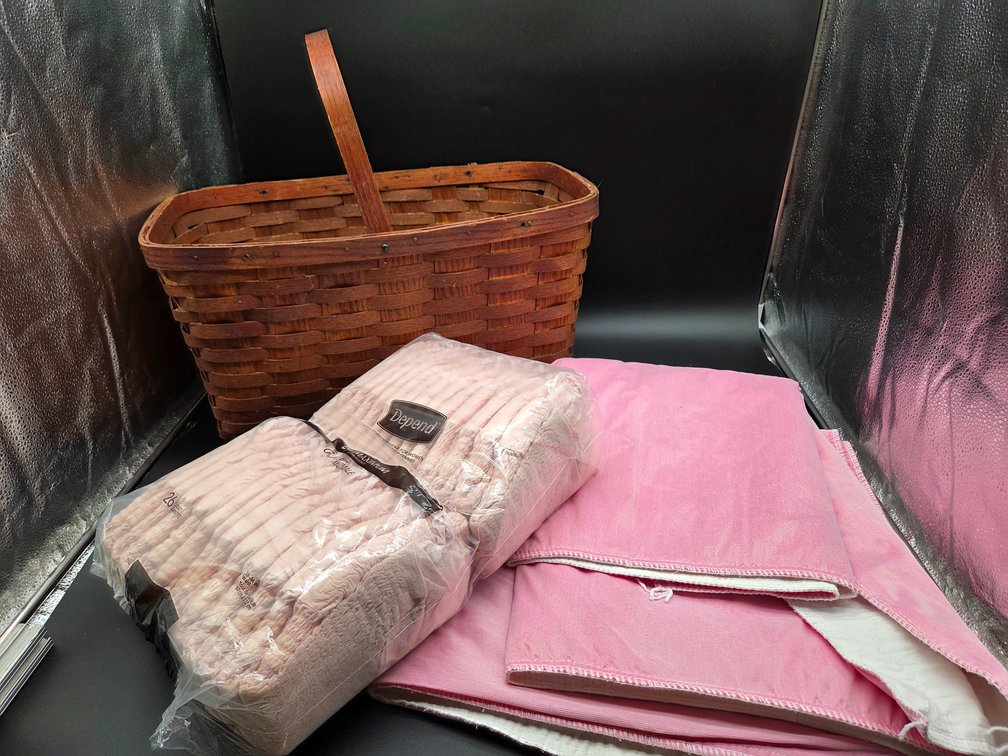 Woven Wood Basket, Incontinence Underwear, and Underpads