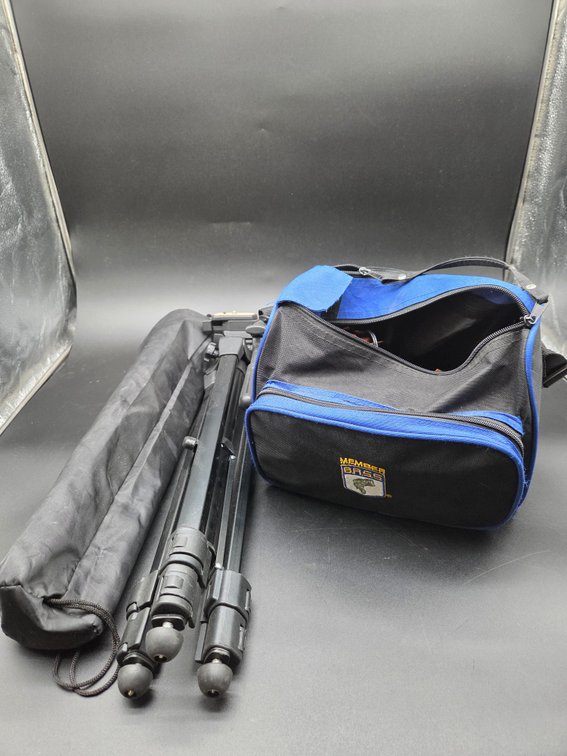 Cameras, Tripod with Case, and Gear Bag