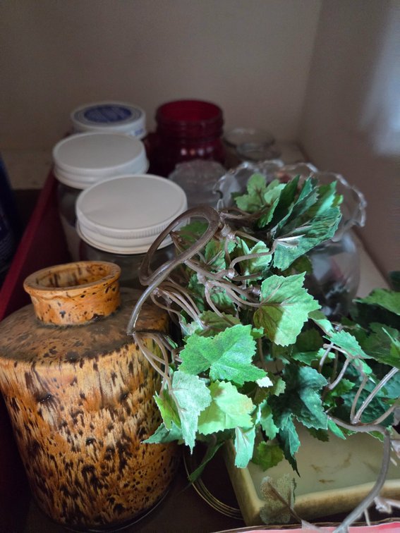 Glassware, Ceramic Vase, Artificial Ivy, and Cleaning Supplies
