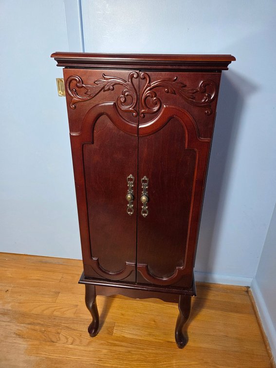 Standing Wooden Jewelry Armoire with Flip-Top Mirror