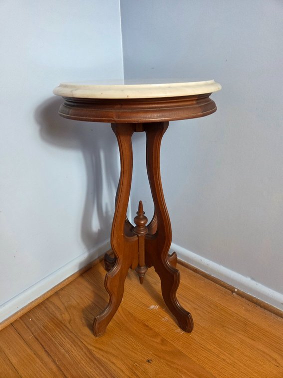 Round Marble-Top Carved Wood Accent Table