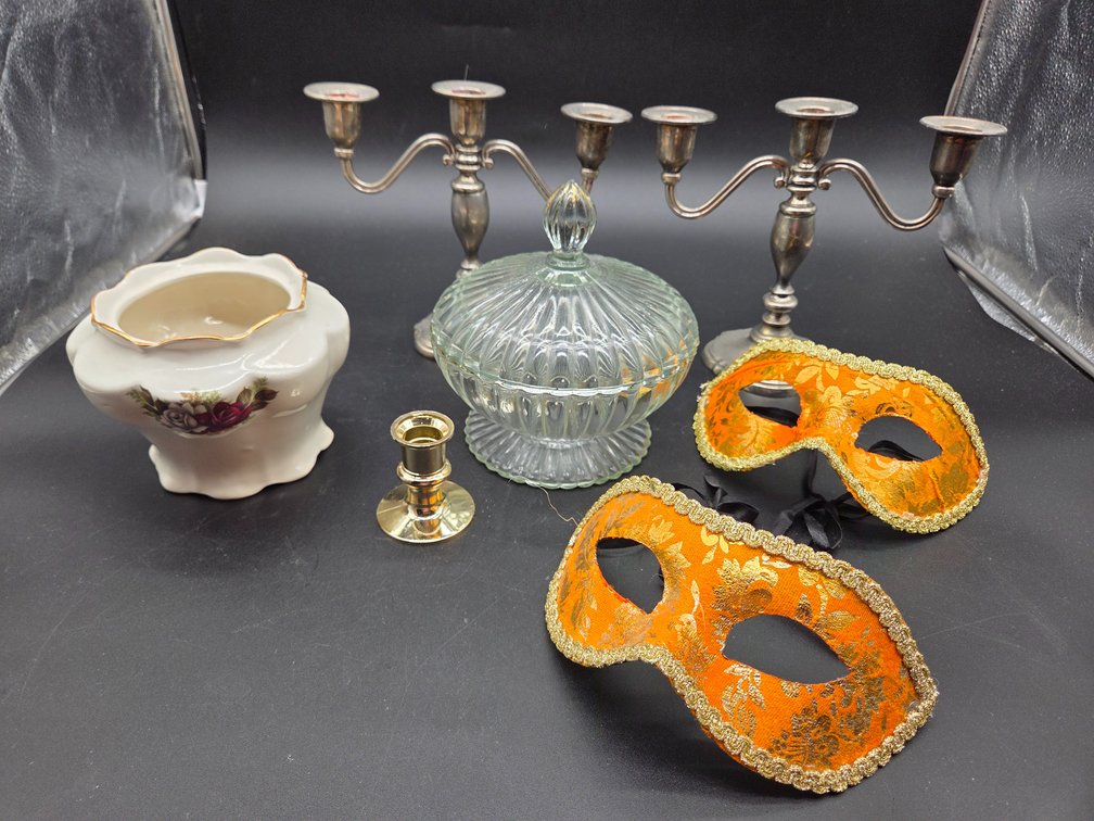Candelabras, Glass Candy Dish, Masquerade Masks, and More