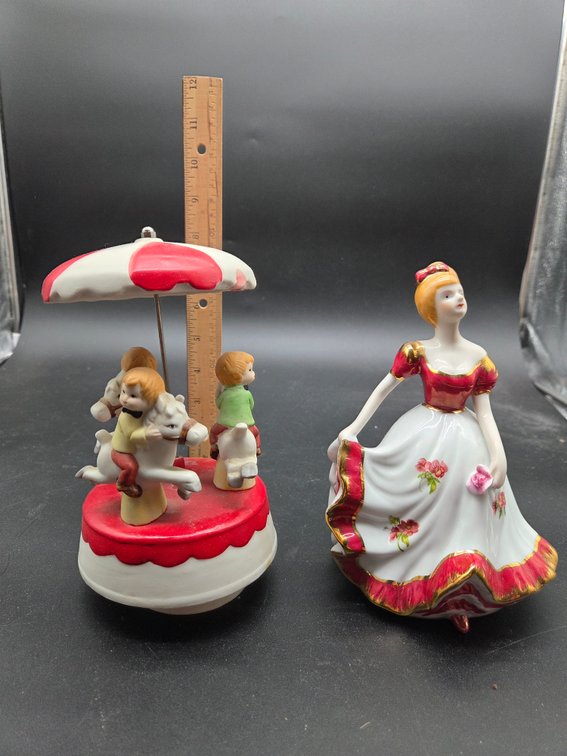 Ceramic Carousel Music Box and Porcelain Lady Figurine