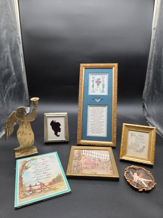 Brass Angel Candle Holder, Framed Art, and Wall Plaques