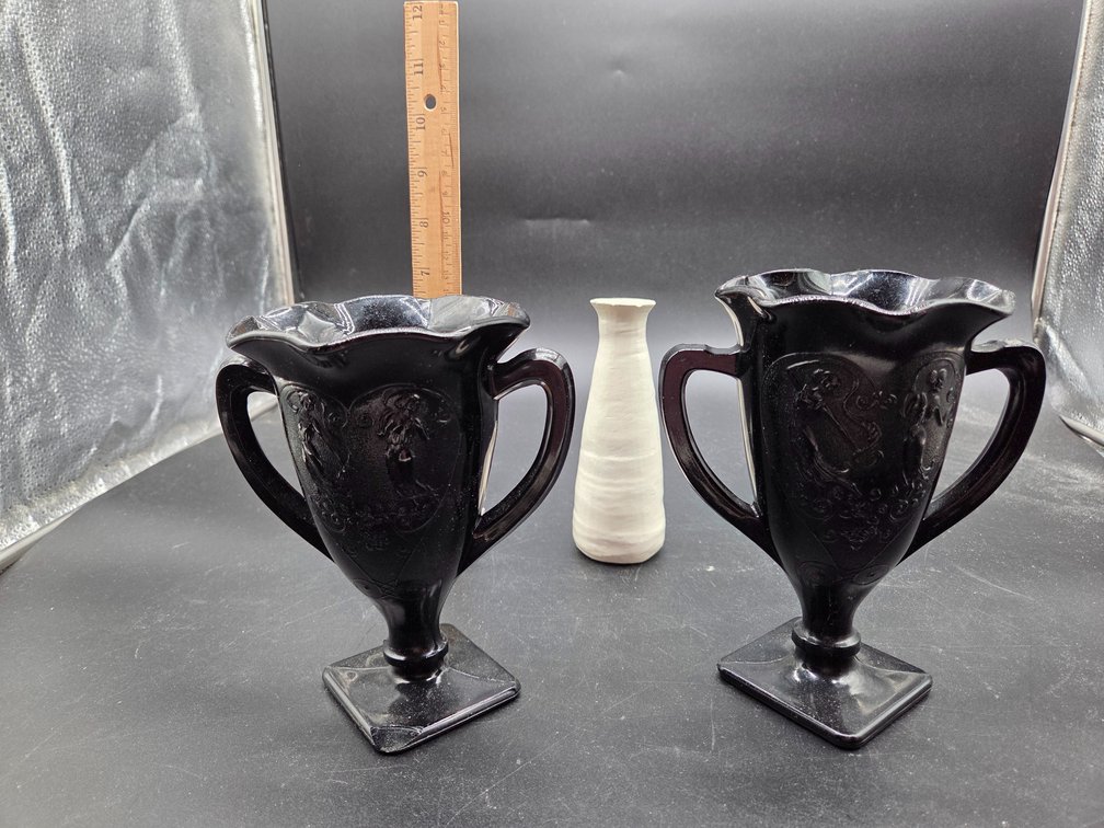 Pair of Black Glass Urn Vases and Ceramic Bud Vase