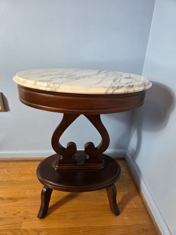 Oval Marble-Top Lyre Pedestal Side Table