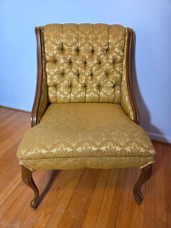 Gold Damask Upholstered High-Back Armchair