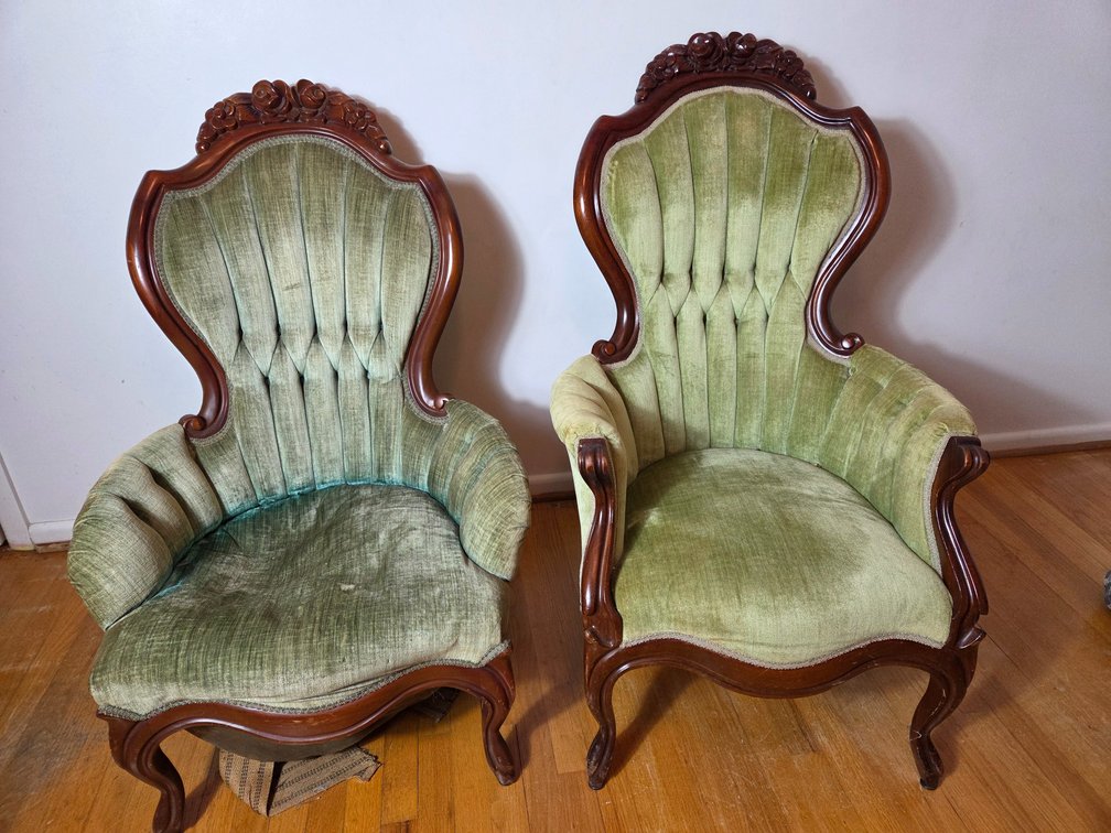 Pair of Carved Wood Armchairs with Green Velvet Upholstery