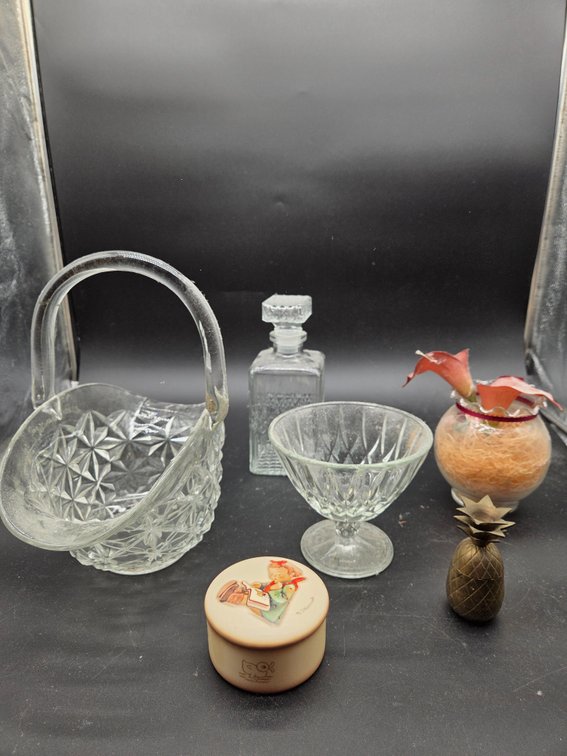 Glass Decanter, Glass Basket, Ceramic Trinket Box, and More