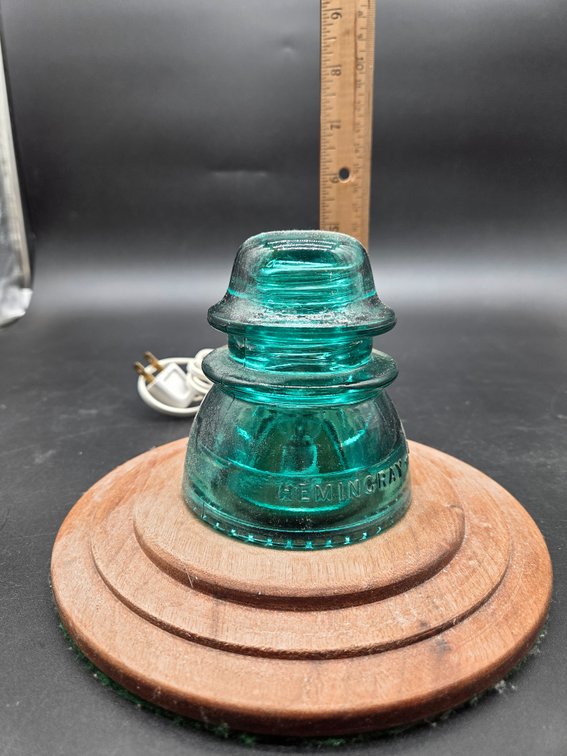 Hemingray Aqua Glass Insulator Lamp on Wood Base