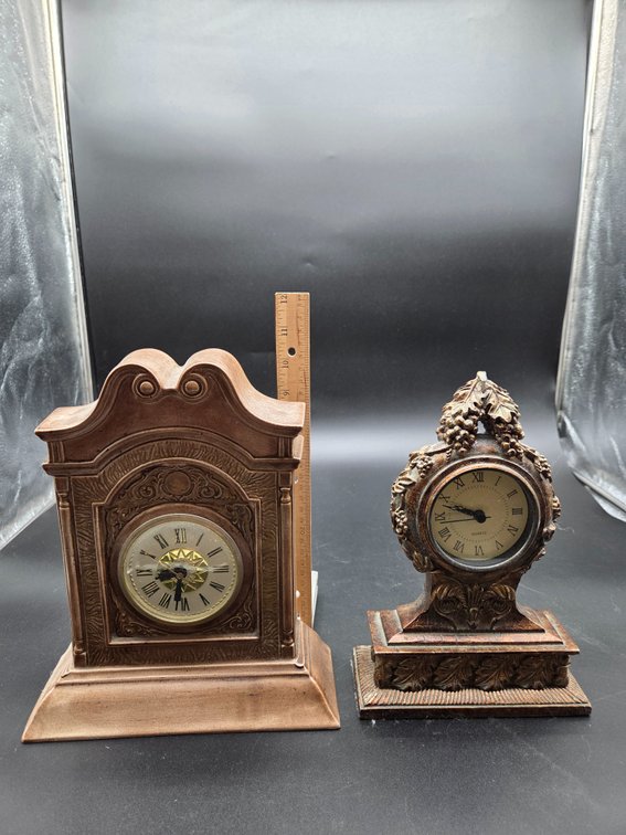 Two Ceramic and Resin Decorative Mantel Clocks