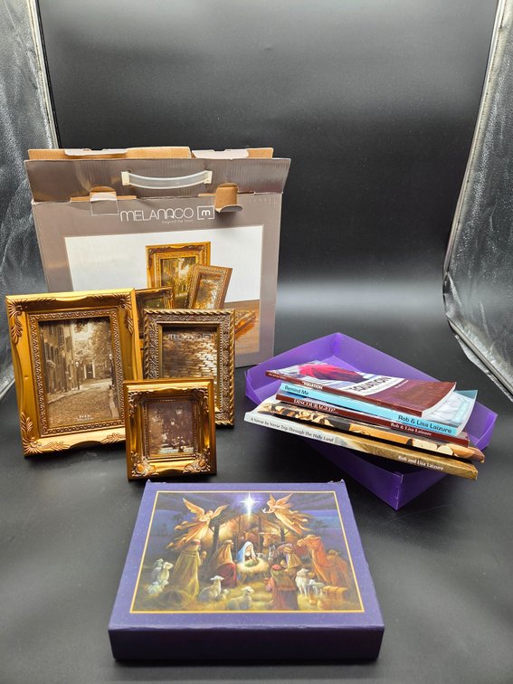 Picture Frame Set, Religious Booklets, and Nativity Box