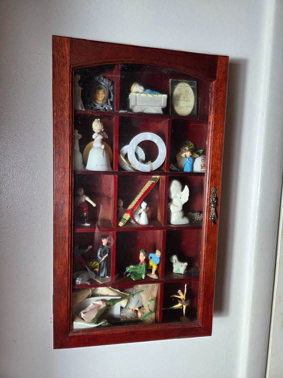 Wood Curio Shadow Box Display Cabinet with Contents
