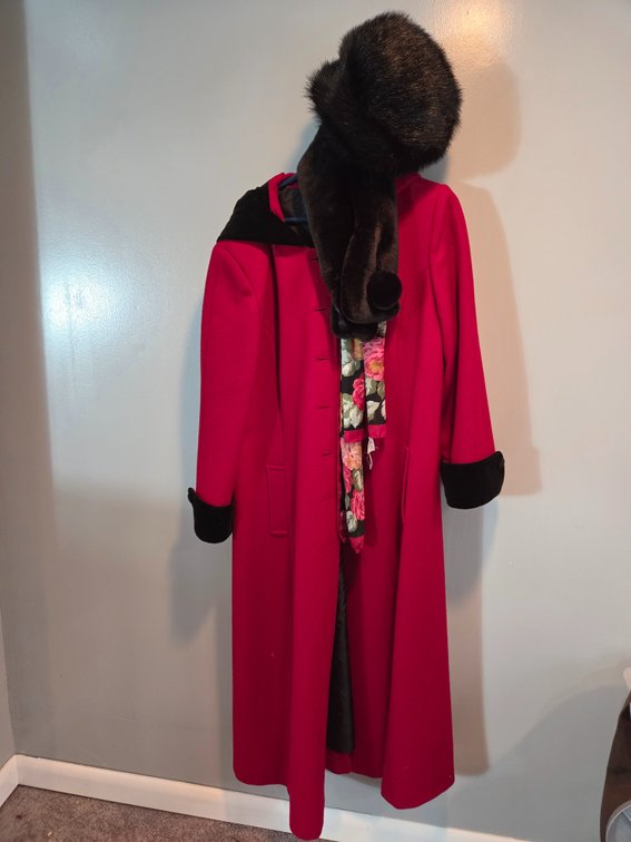 Red Hooded Coat, Hooded Scarf, and Sleeveless Dress