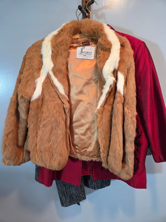 Fur Jacket, Herringbone Tweed Coat, and Silk Jacket