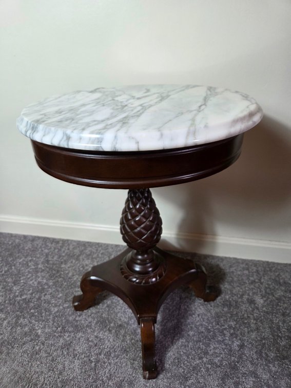 Round Marble-Top Carved Wood Pedestal Side Table