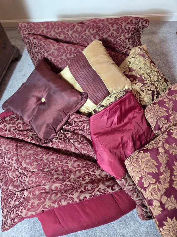 Burgundy and Gold Damask Comforter, Bed Skirt, and Pillows