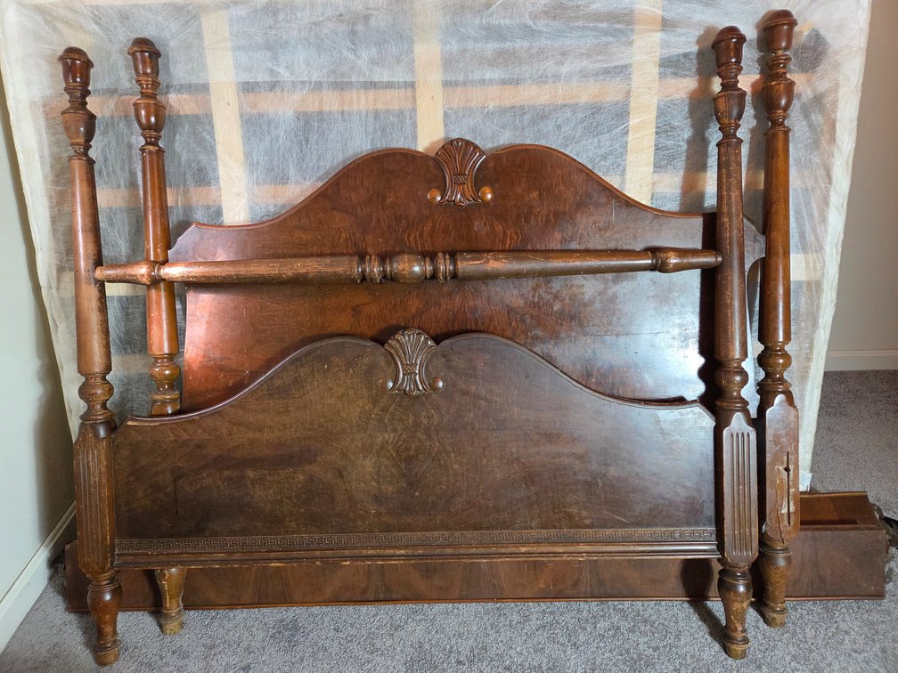 Carved Wood Four-Poster Bed Frame with Mattress and Box Spring