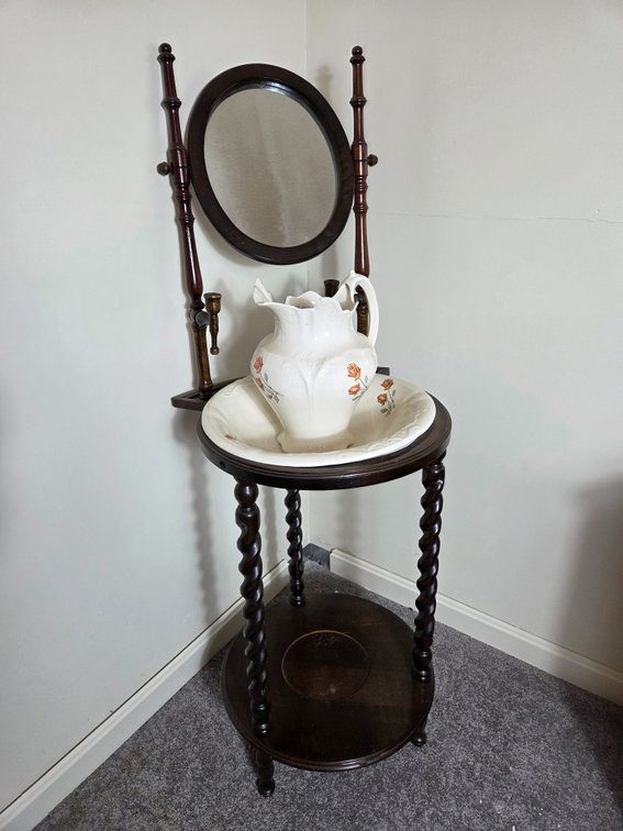 Wood Washstand with Mirror, Pitcher, and Basin