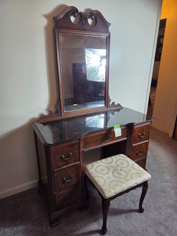 Wood Vanity with Mirror and Upholstered Stool