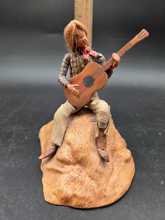Folk Art Seated Guitarist Figurine on Carved Wood Base