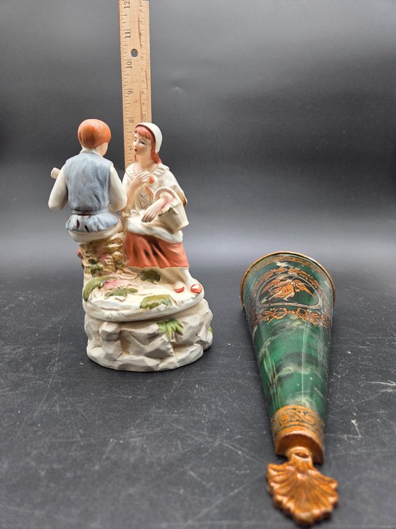 Ceramic Figurine and Marbled Conical Wall Pocket