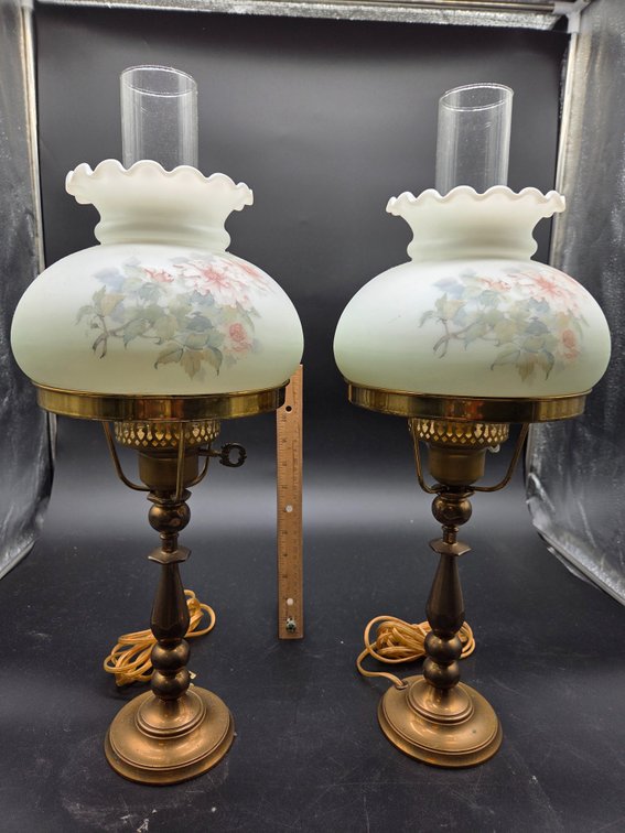 Pair of Brass-Tone Electric Hurricane Table Lamps