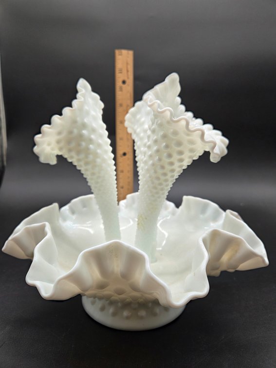White Milk Glass Hobnail Three-Horn Epergne