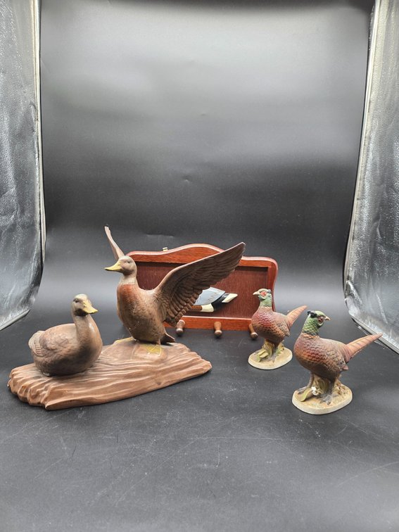 Ceramic Duck and Pheasant Figurines and Wooden Peg Rack