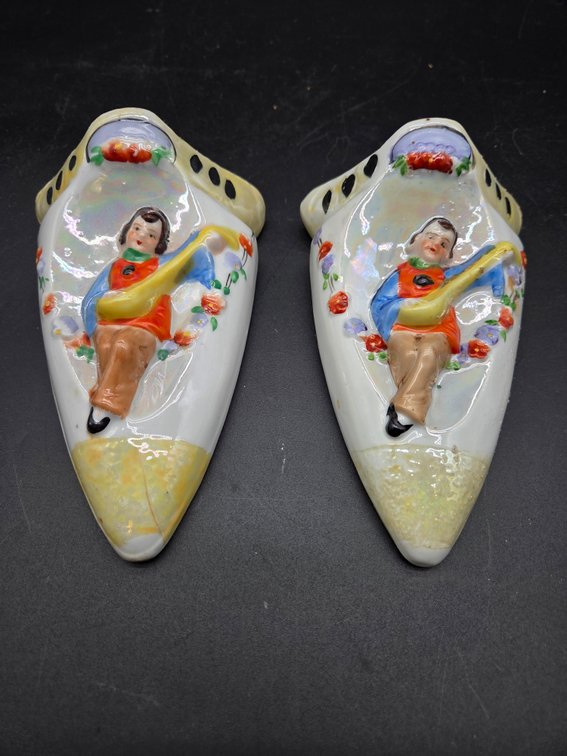 Pair of Luster Glaze Ceramic Figural Wall Pockets