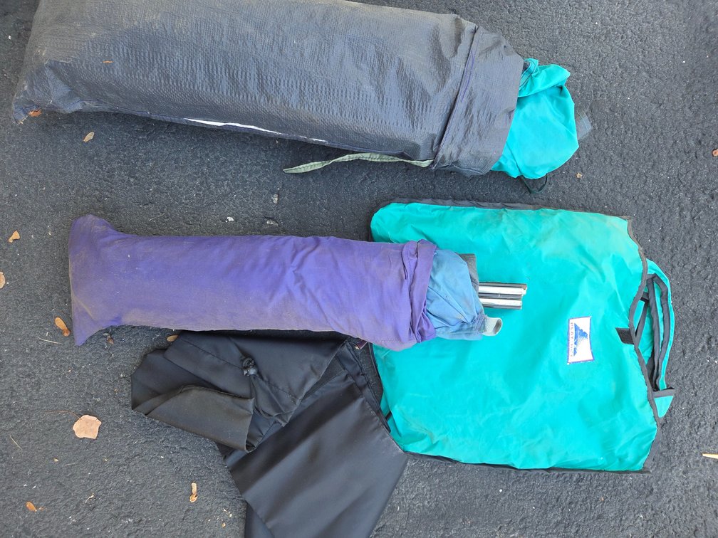 Tent Components, Poles, and Storage Bags