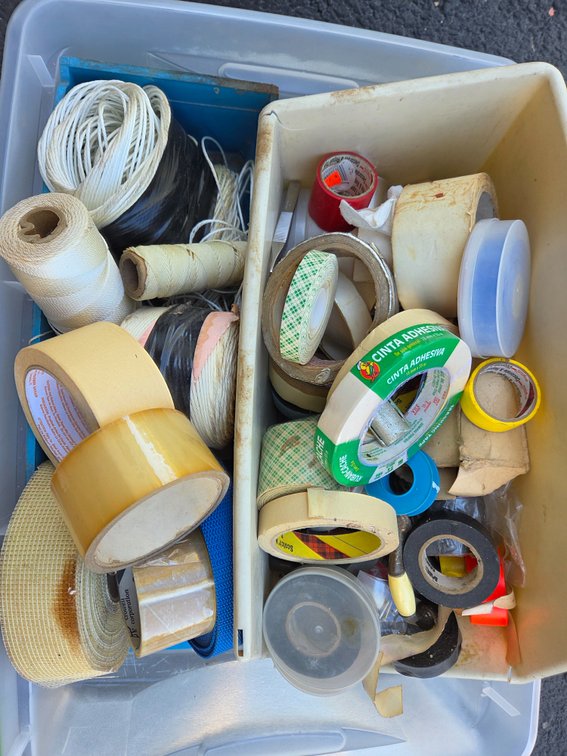 Adhesive Tape Rolls, Twine, and Storage Bins