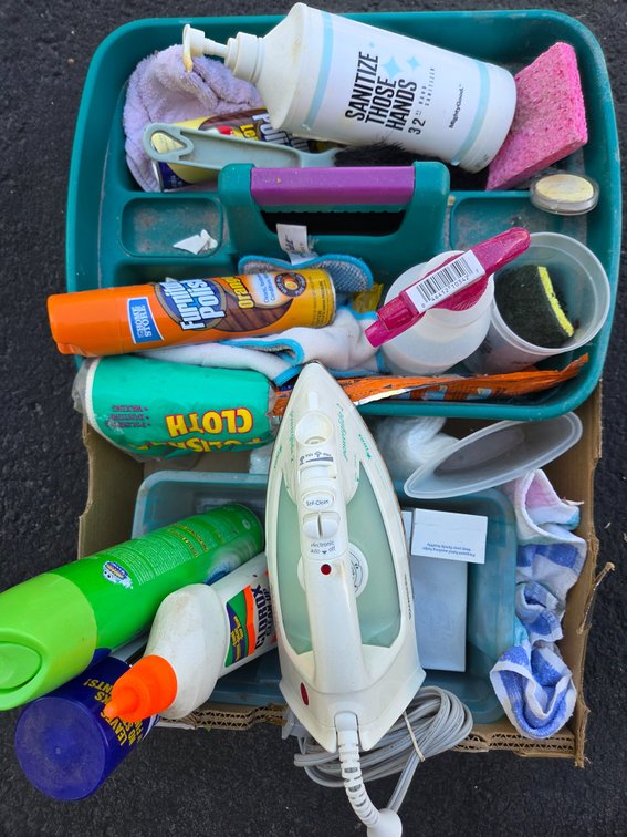 Cleaning Caddy, Electric Steam Iron, and Cleaning Supplies
