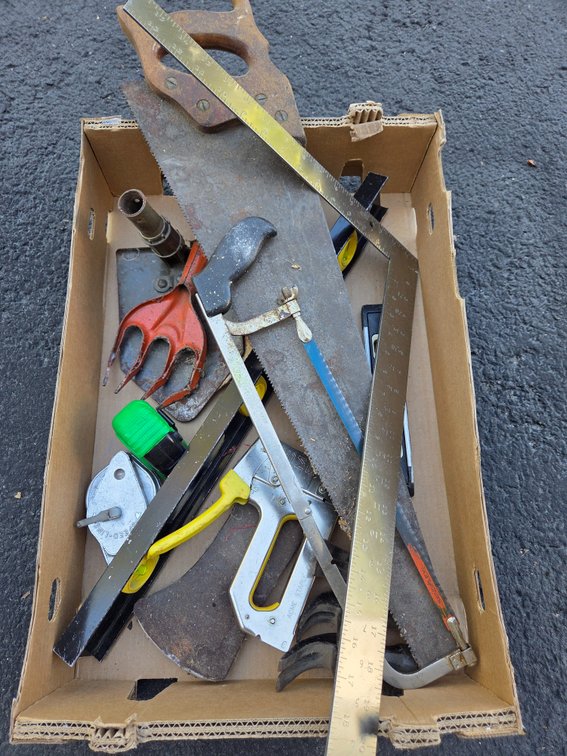 Hand Saw, Framing Square, Staple Gun, and Hand Tools