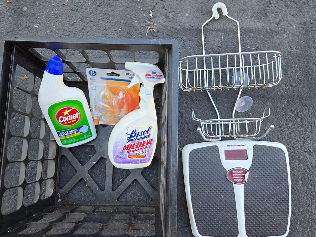 Digital Scale, Wire Shower Caddy, and Cleaning Supplies