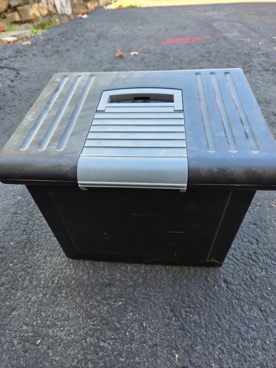 Black Plastic Storage Box with Hinged Lid and Latch