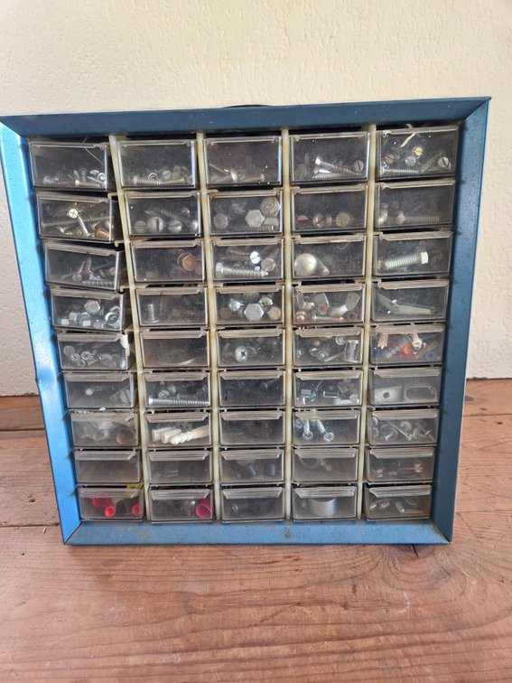Blue Metal Hardware Organizer Cabinet with Contents