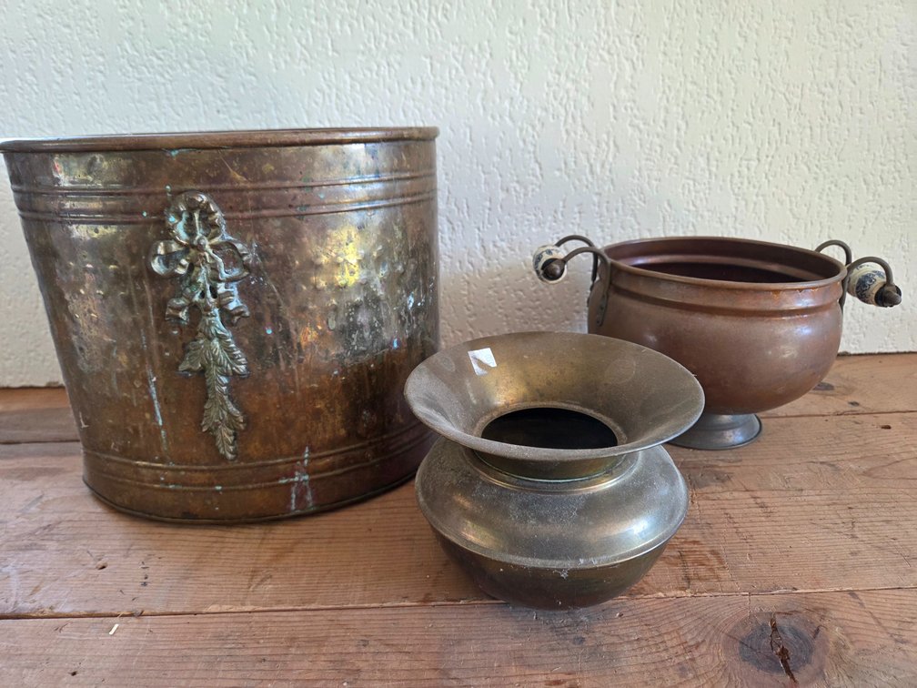 Copper Planter, Copper Cauldron, and Brass Spittoon
